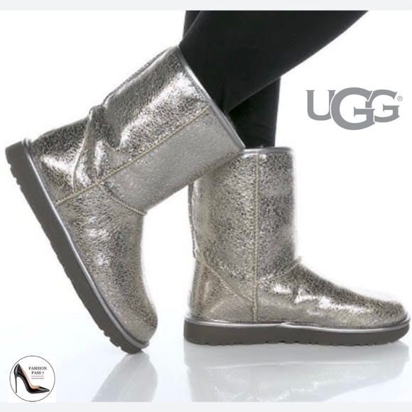 UGG METALLIC GUNMETAL LEATHER BOOTS Water-Repellent Winter Shearling Boots 10 - Picture 1 of 15